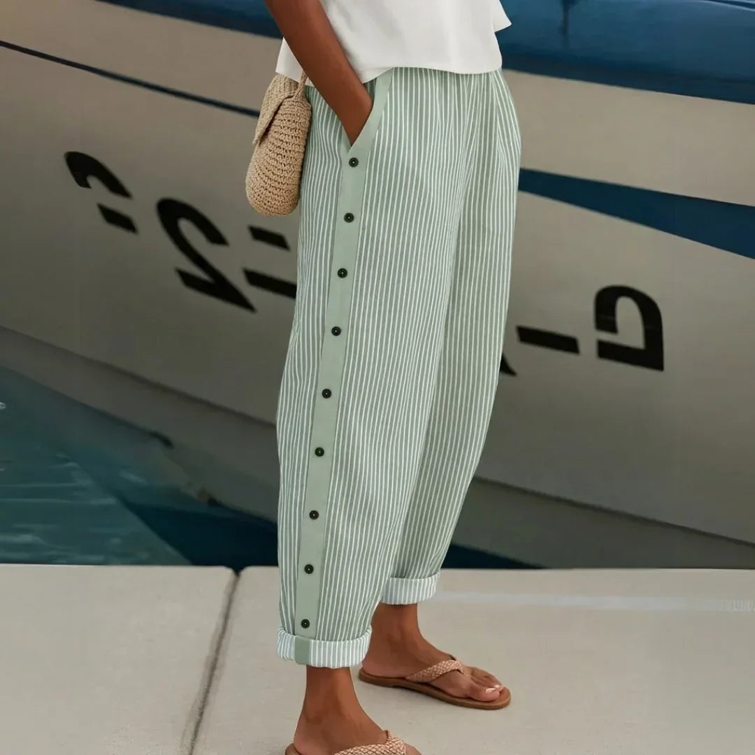 Striped Button-Detail Pants