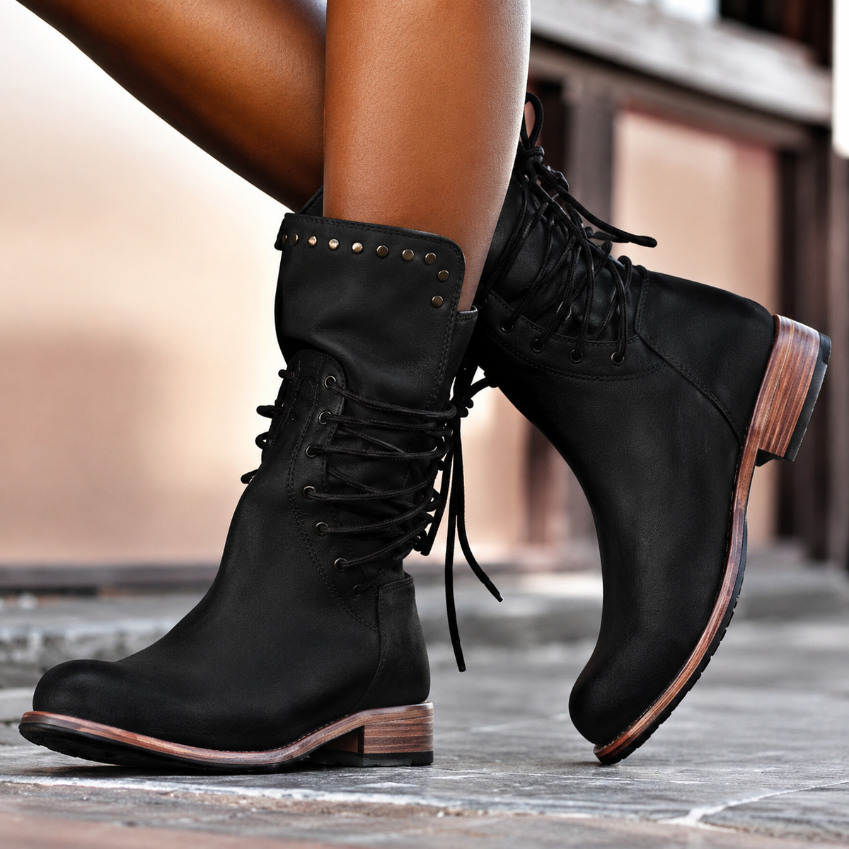Lace-Up Studded Mid-Calf Boots
