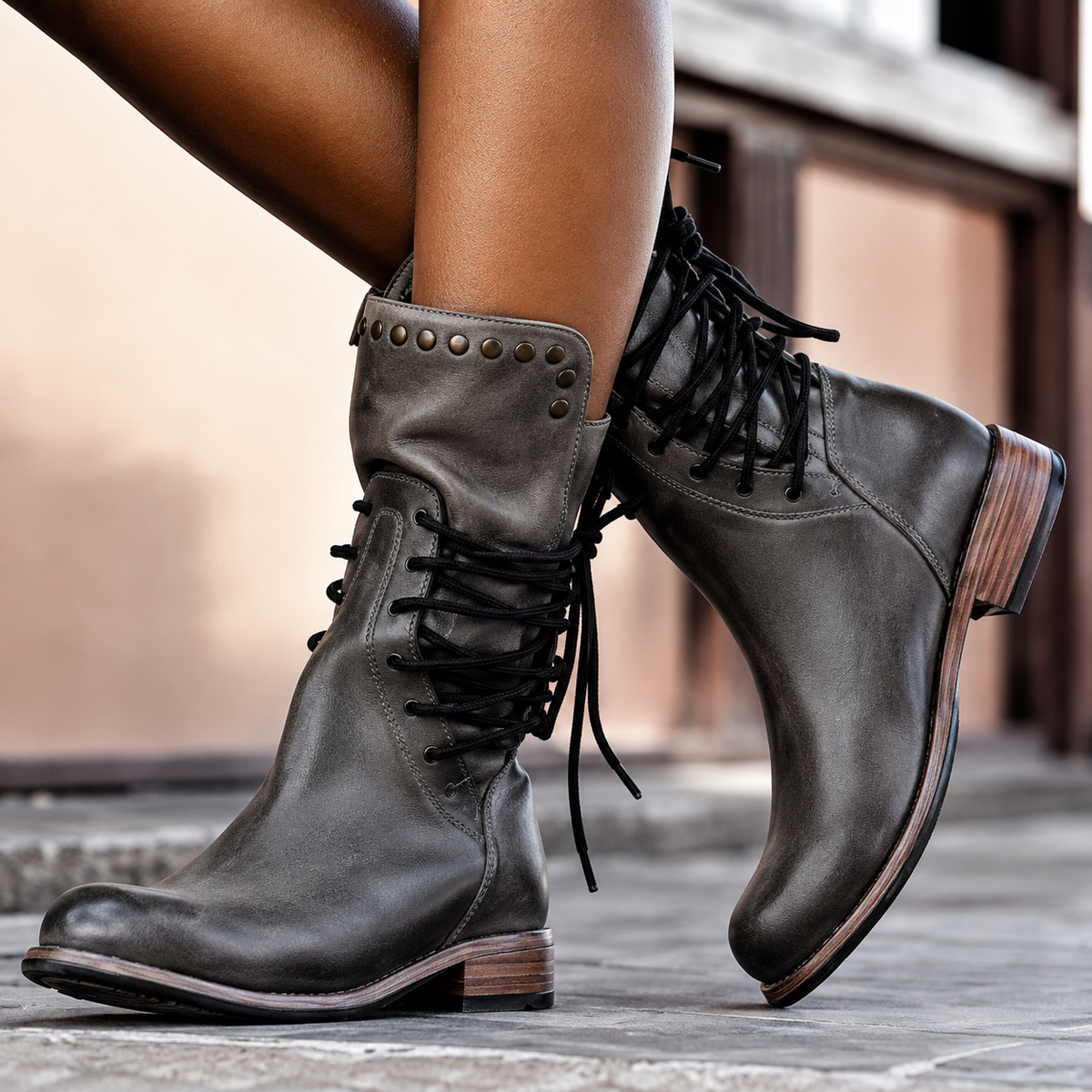 Lace-Up Studded Mid-Calf Boots
