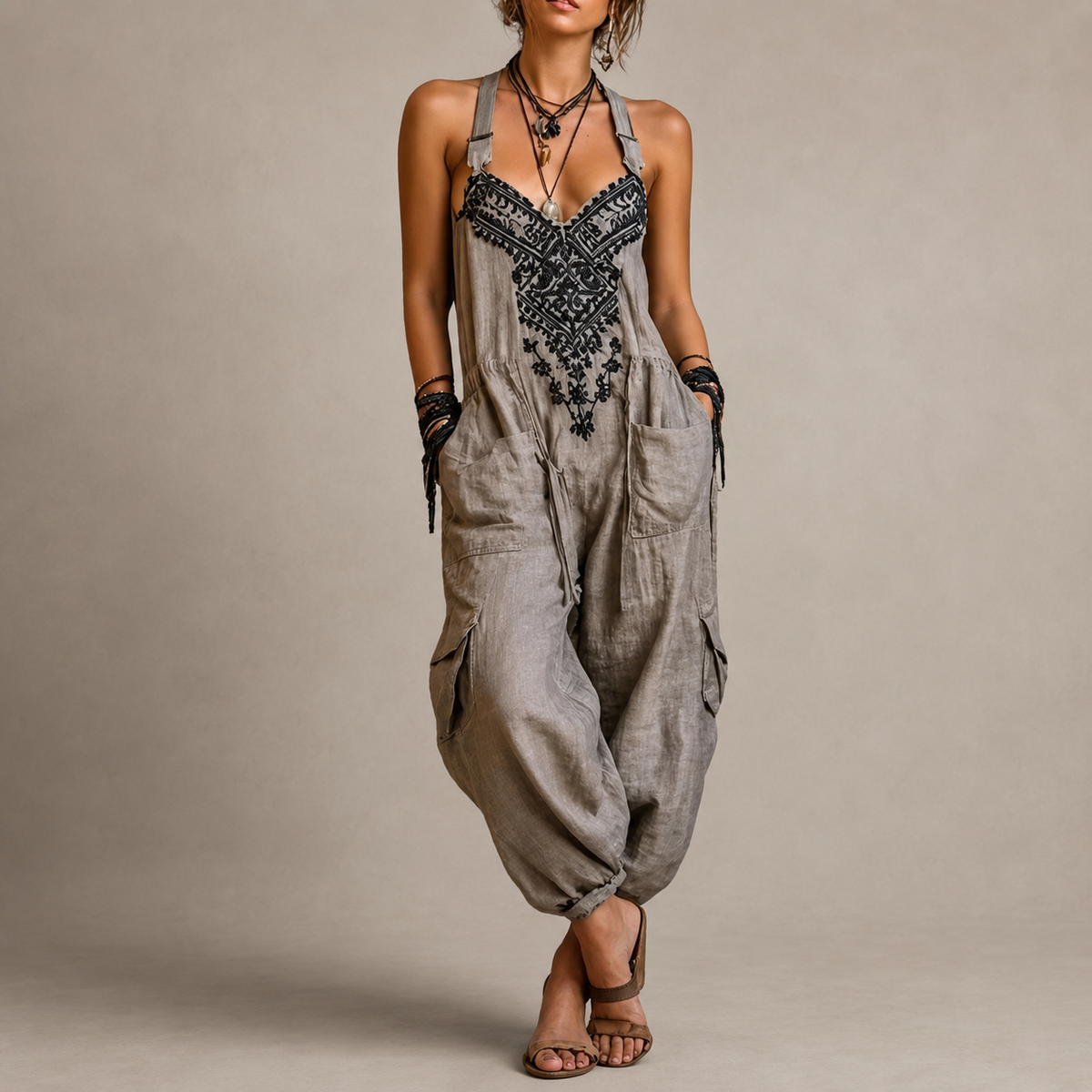 Embroidered Boho Harem Jumpsuit