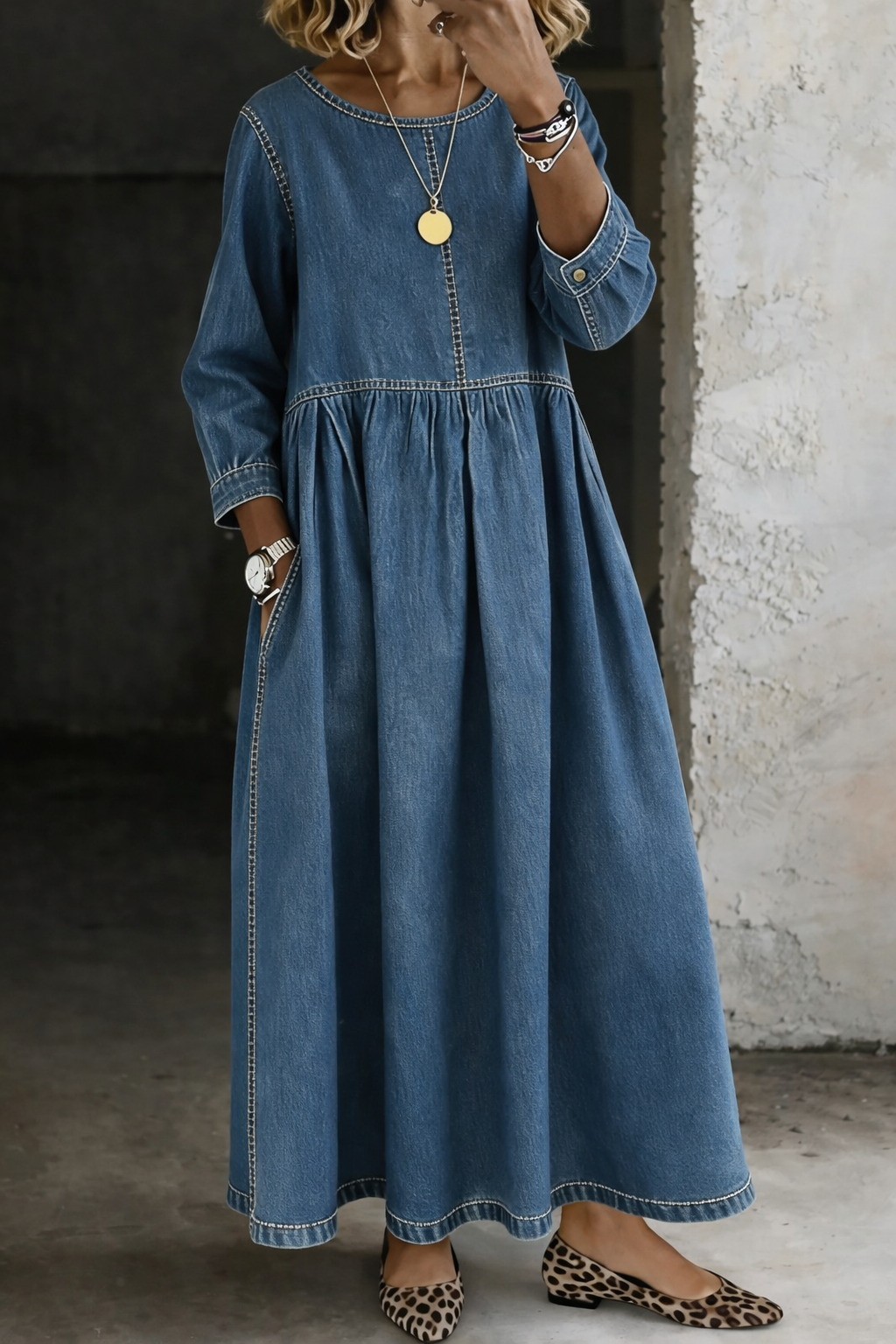 Denim-Look Gathered Maxi Dress