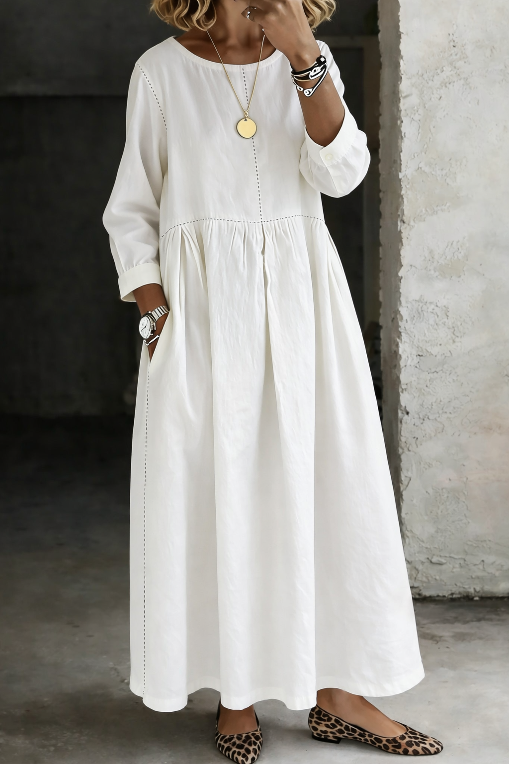 Denim-Look Gathered Maxi Dress