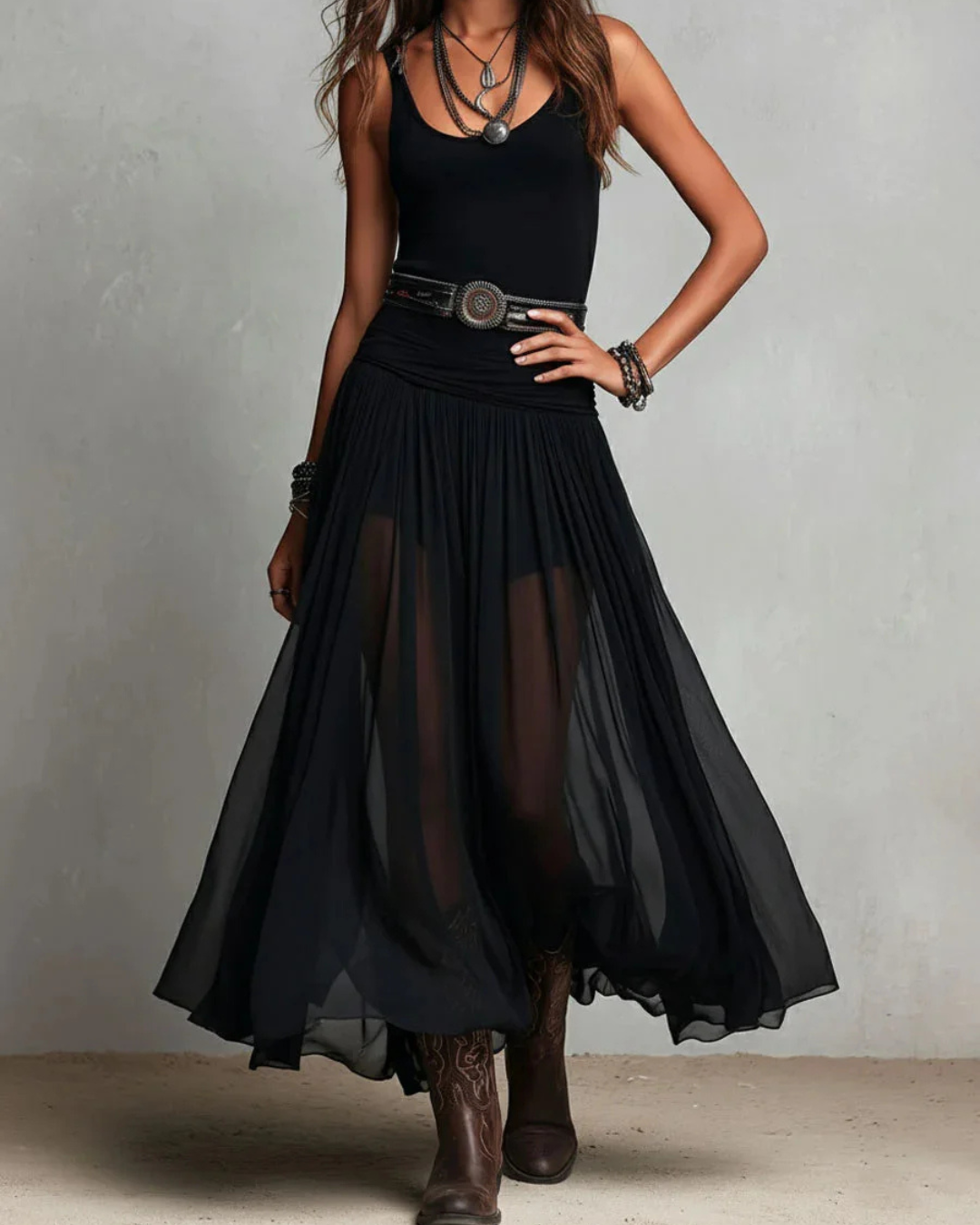 Belted Double-Layer Chiffon Dress