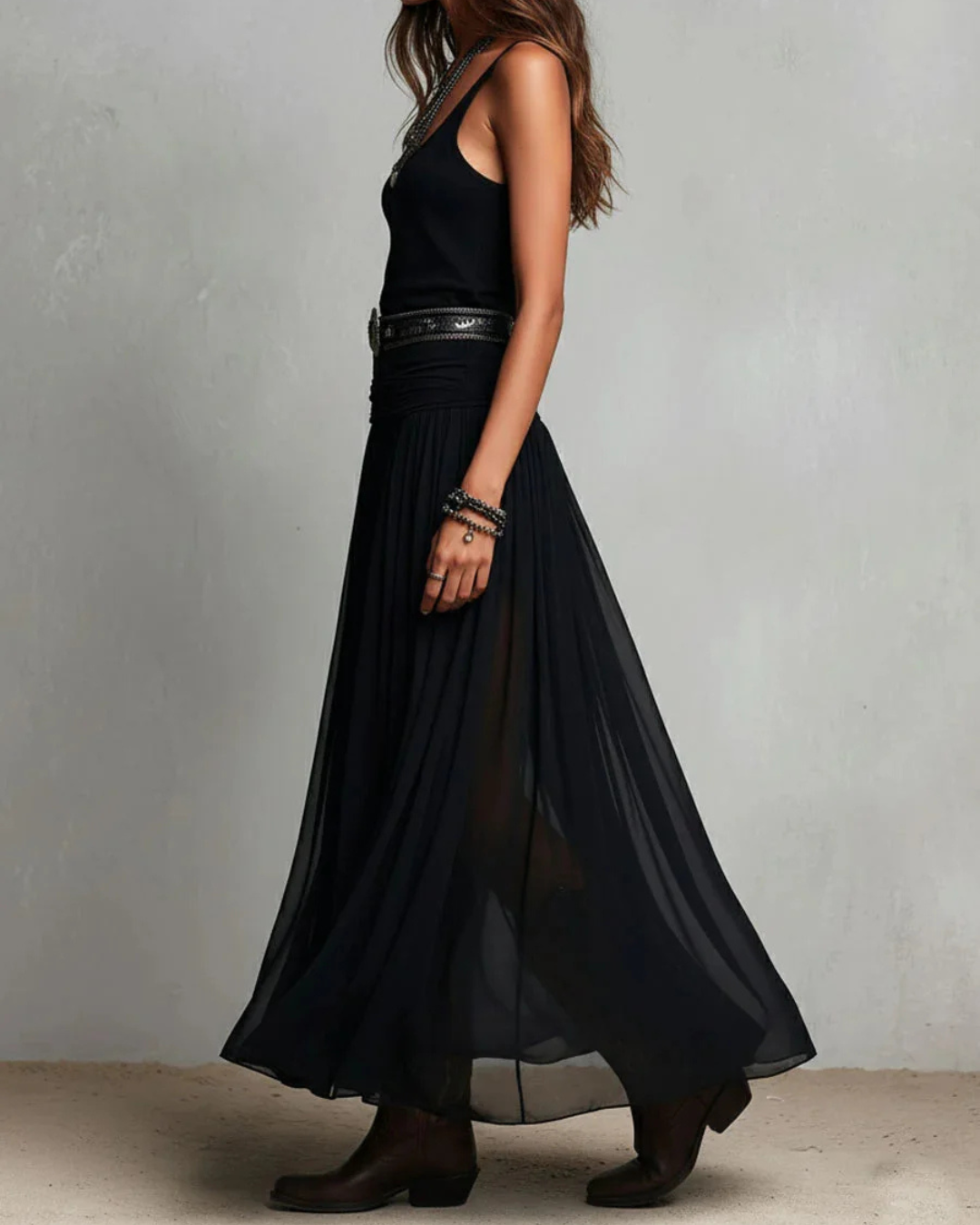 Belted Double-Layer Chiffon Dress