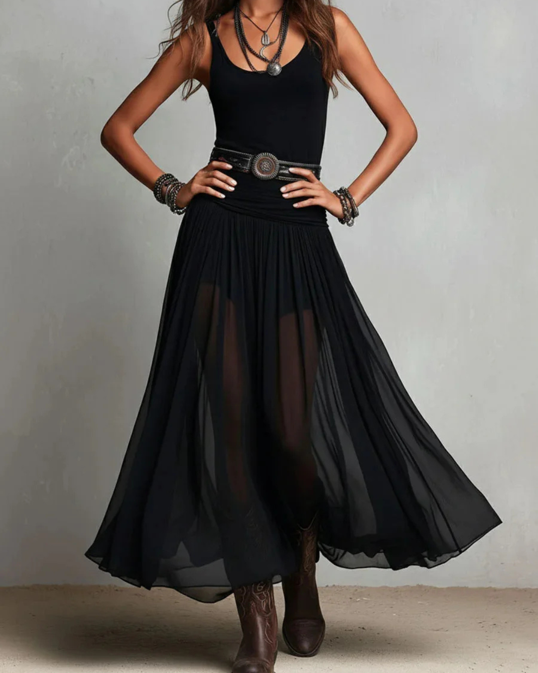 Belted Double-Layer Chiffon Dress