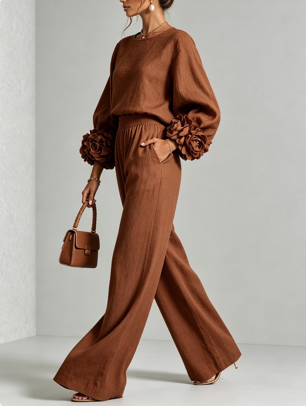 Floral Cuff Balloon-Sleeve Wide-Leg Two-Piece Set