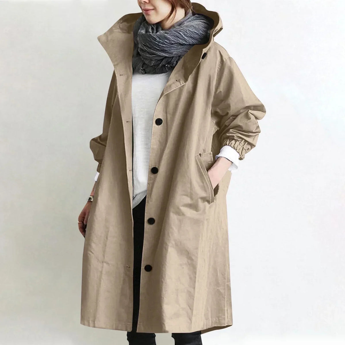 Long Hooded Coat with Elastic Cuffs