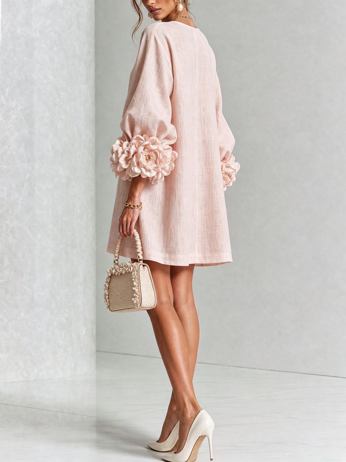 Floral-Cuff Button-Down Mini Dress