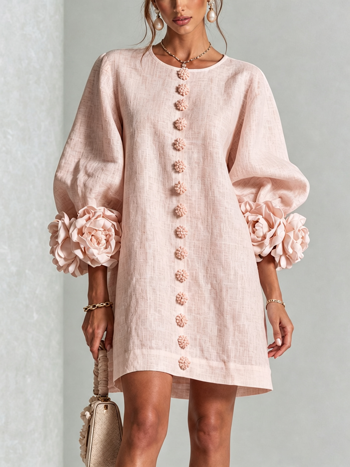 Floral-Cuff Button-Down Mini Dress