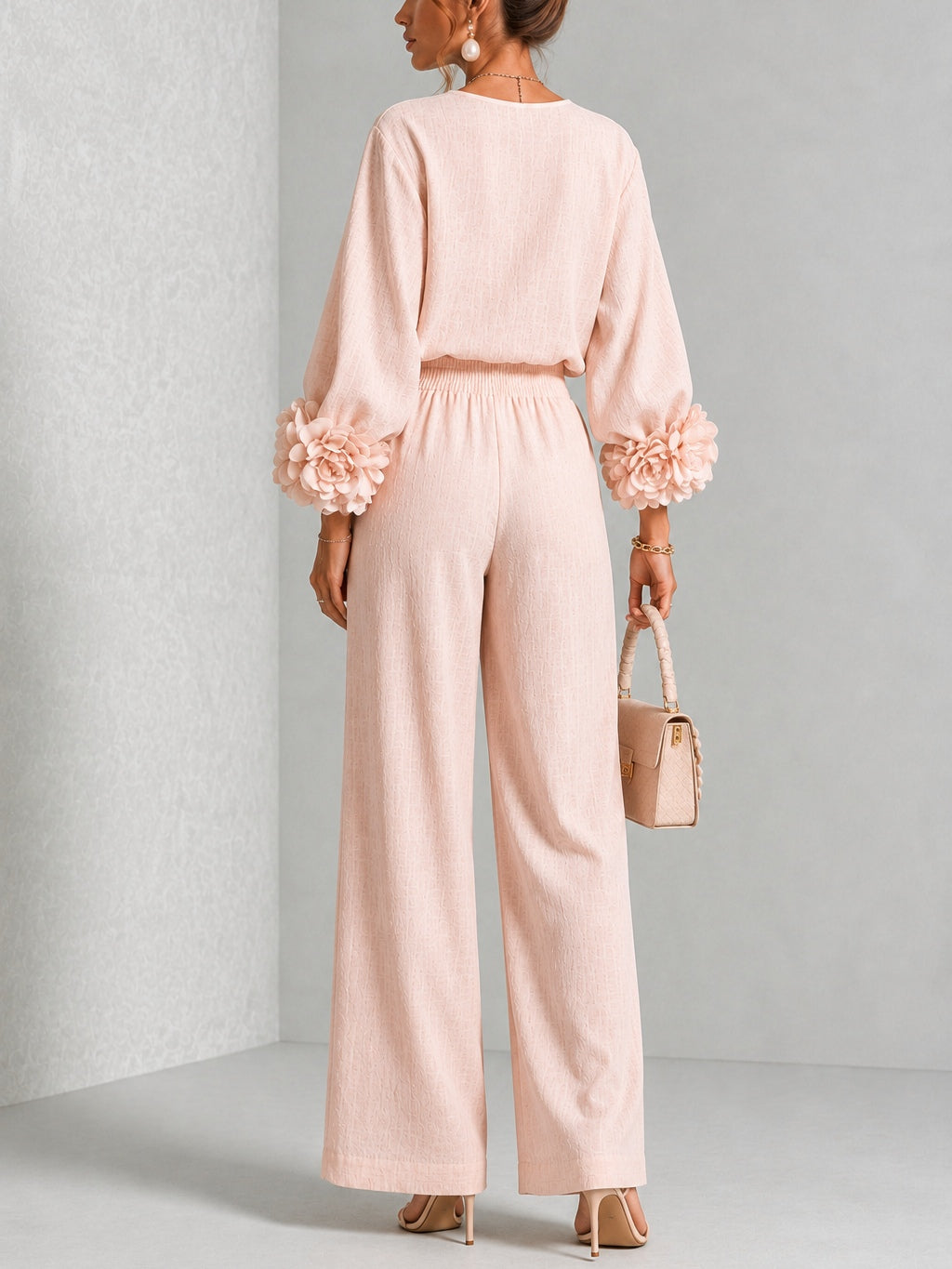 Floral Cuff Balloon-Sleeve Wide-Leg Two-Piece Set