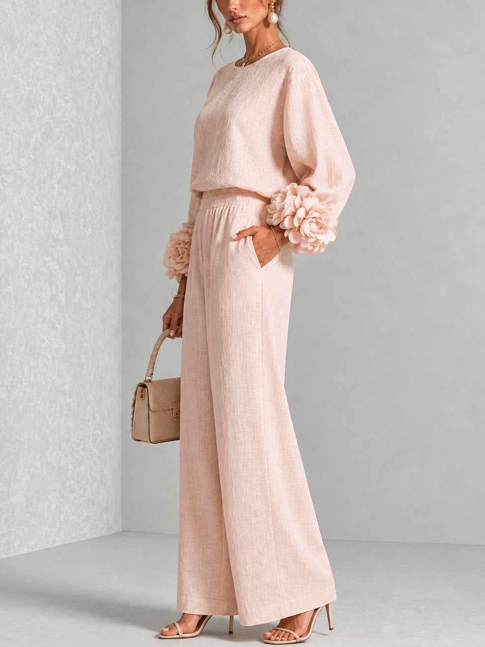 Floral Cuff Balloon-Sleeve Wide-Leg Two-Piece Set