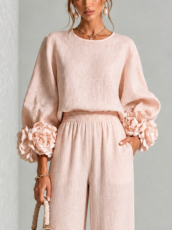 Floral Cuff Balloon-Sleeve Wide-Leg Two-Piece Set