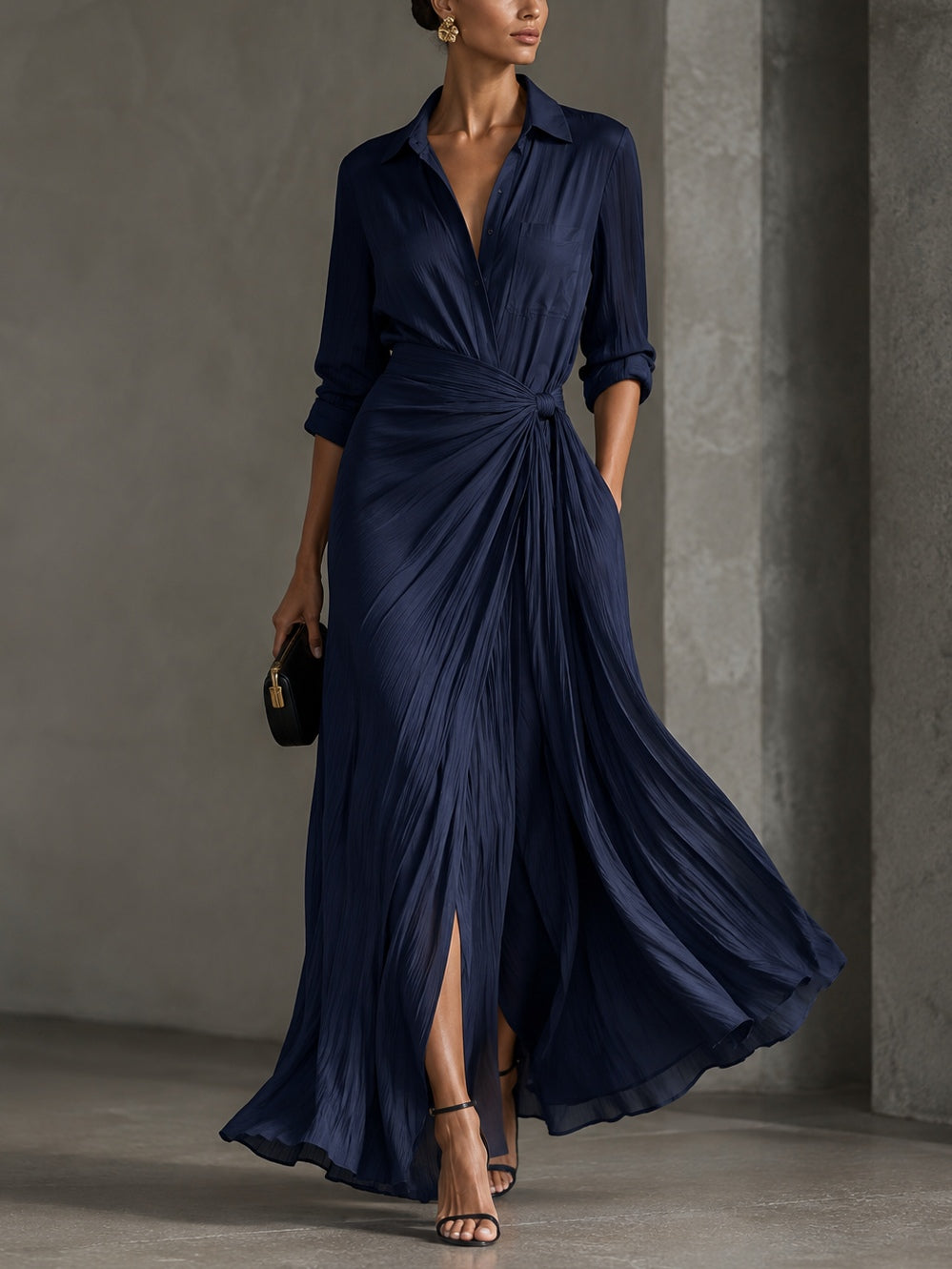 Navy Blue Knotted Maxi Shirt Dress