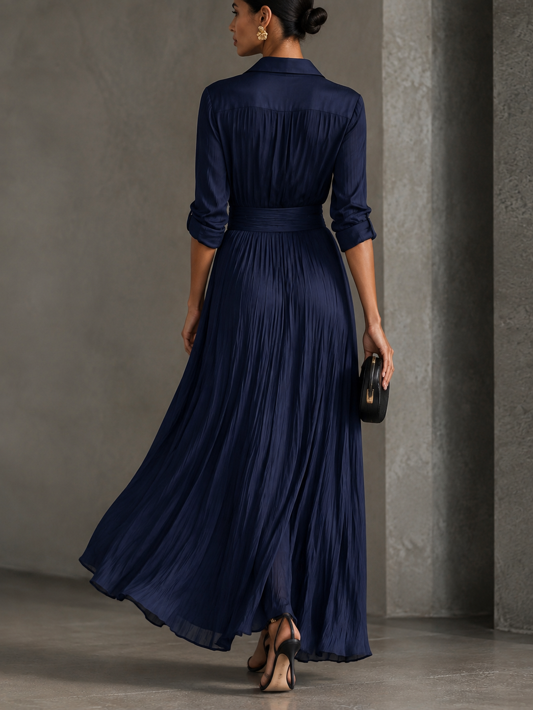 Navy Blue Knotted Maxi Shirt Dress