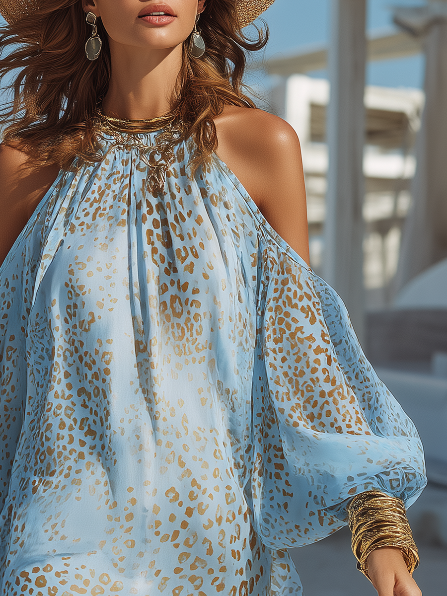 Off-Shoulder Leopard Chiffon Mini Dress