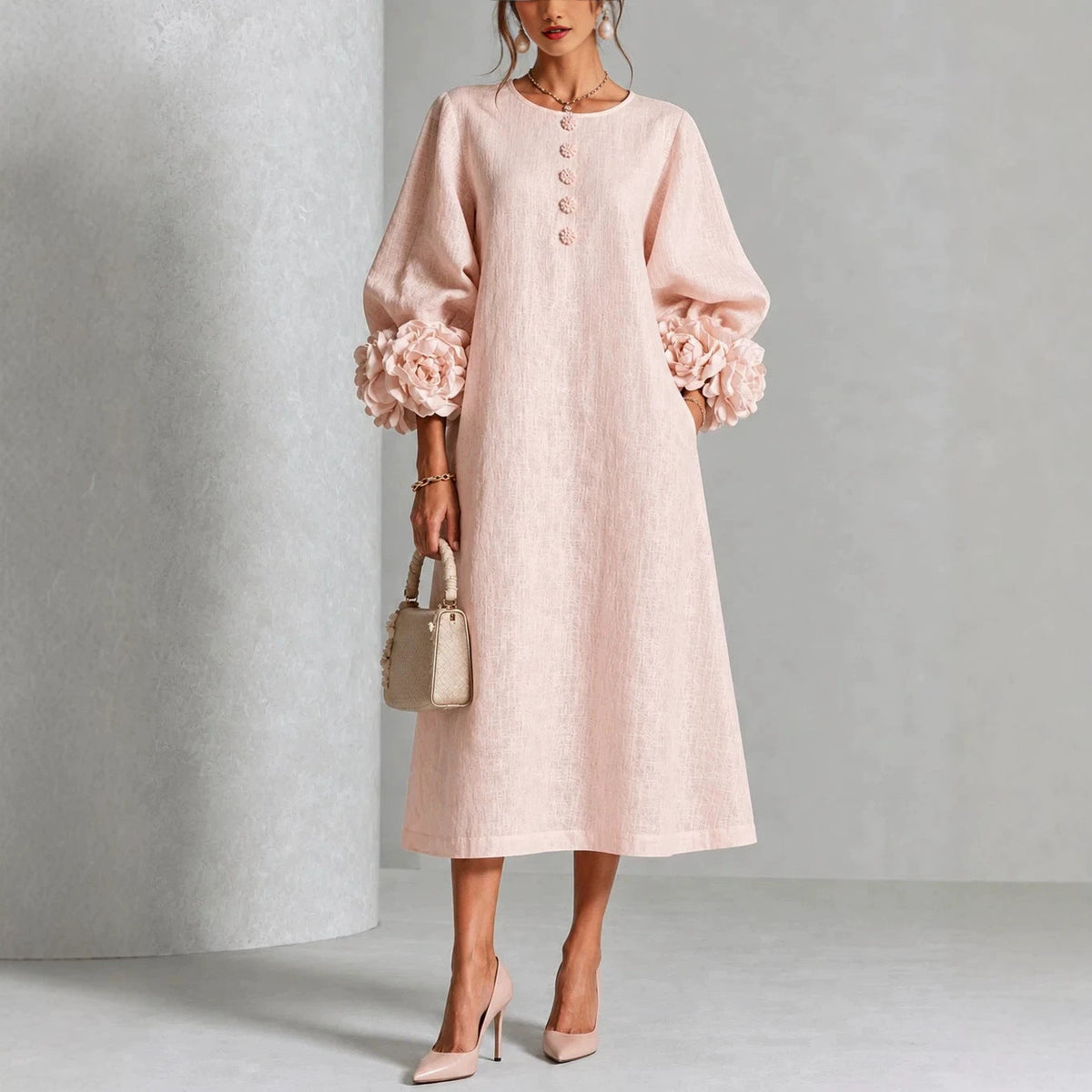 Floral Midi Dress with Rose Cuffs