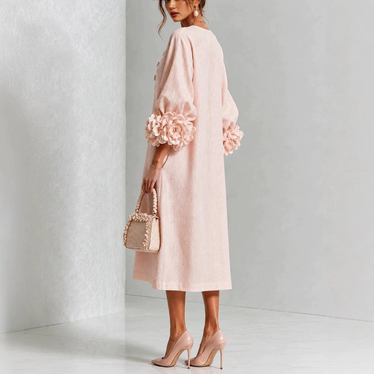 Floral Midi Dress with Rose Cuffs