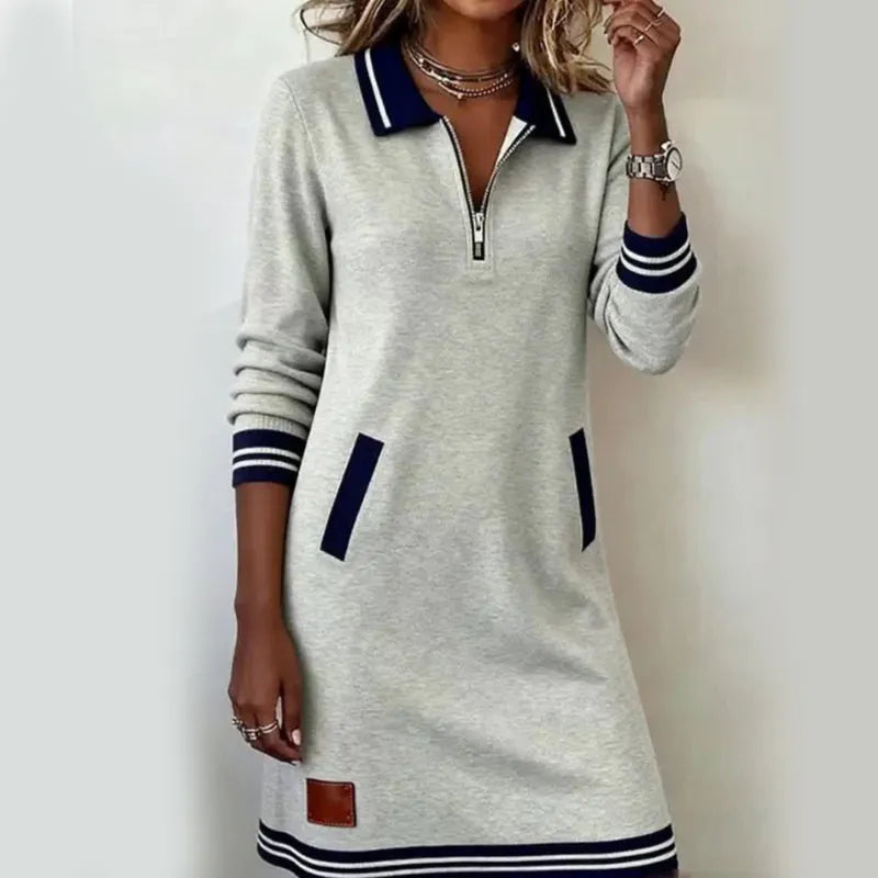Striped-Trim Quarter-Zip Polo Dress