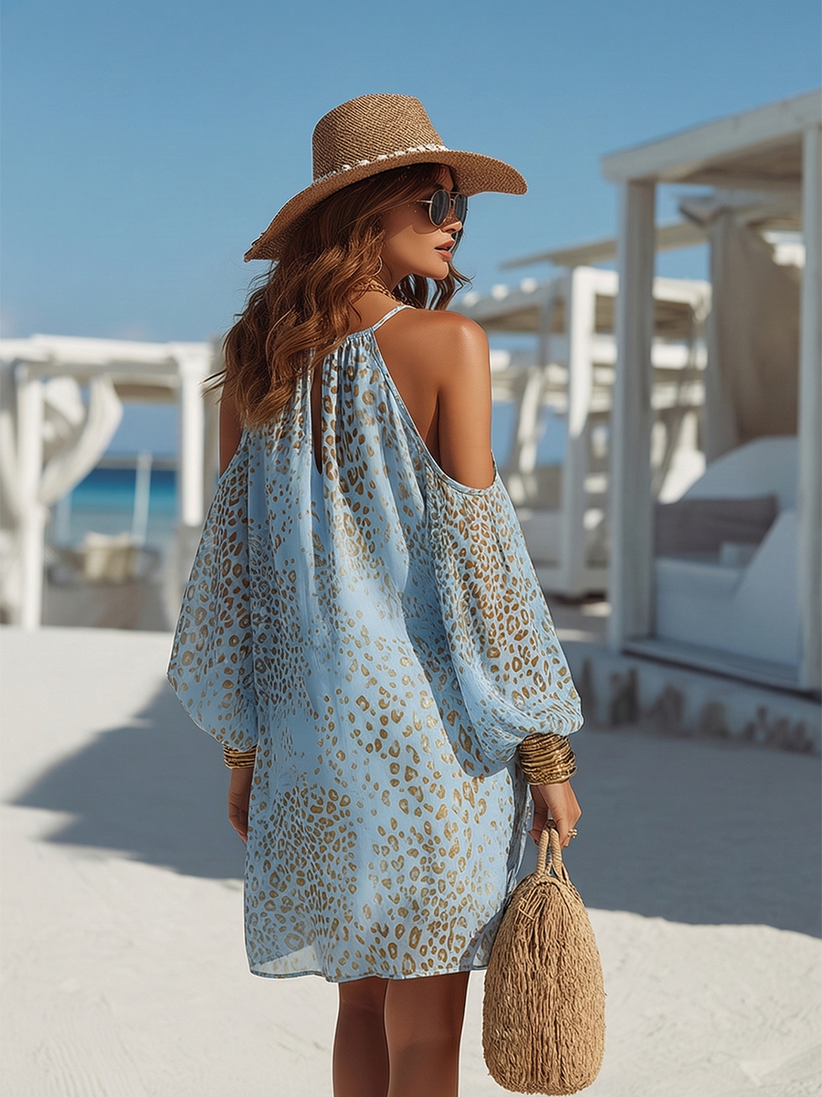 Off-Shoulder Leopard Chiffon Mini Dress