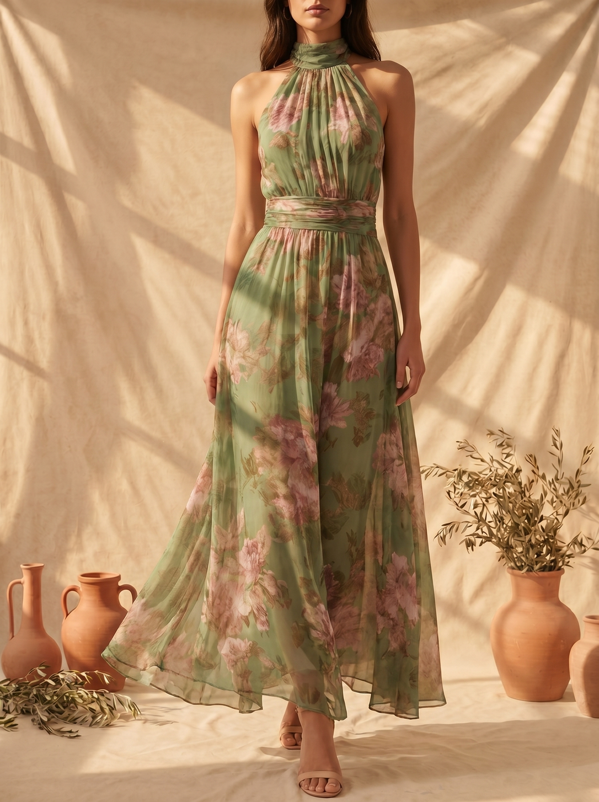 Watercolor Floral Halter Maxi Dress