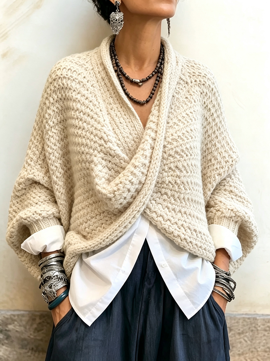 Cozy Relaxed Batwing Sleeves Crossover V-Neck Sweater