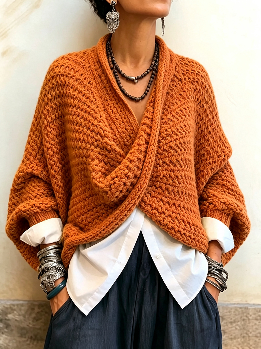 Cozy Relaxed Batwing Sleeves Crossover V-Neck Sweater