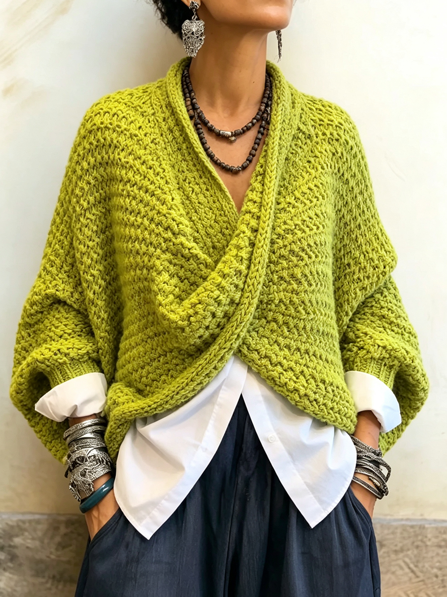 Cozy Relaxed Batwing Sleeves Crossover V-Neck Sweater