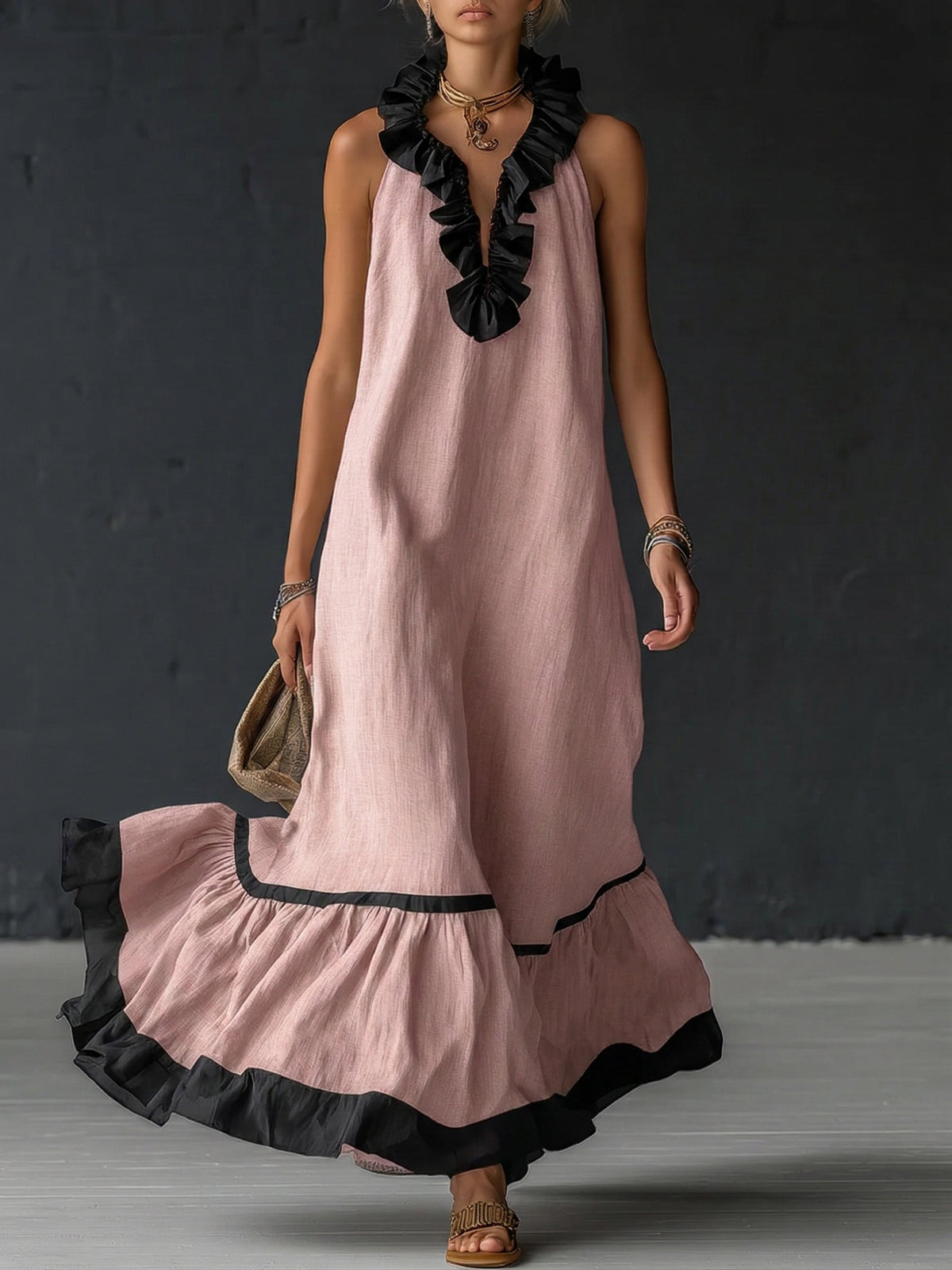 Ruffled Color-Block Maxi Dress