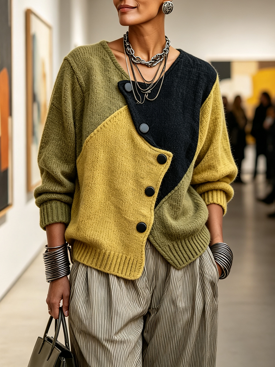 Color-Block Asymmetric Button Sweater