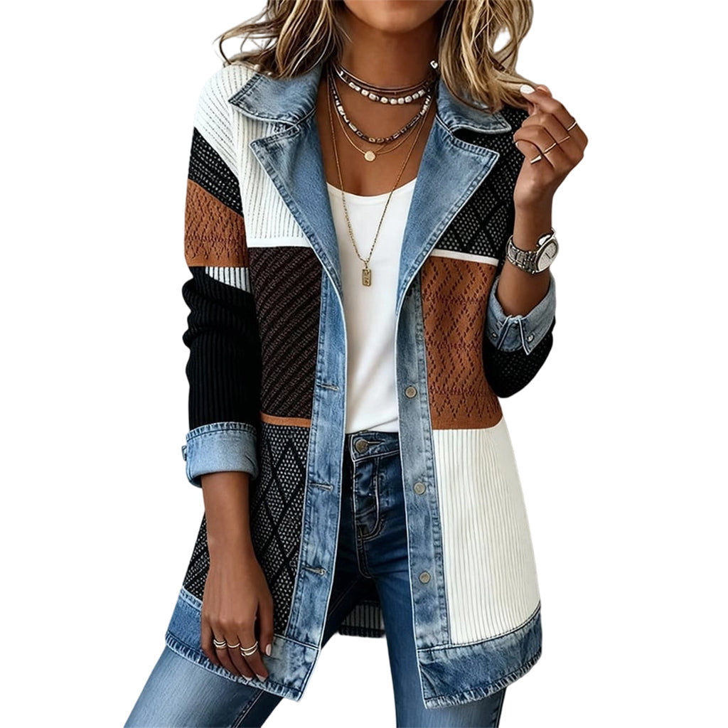 Ribbed Knit and Denim Patchwork Jacket
