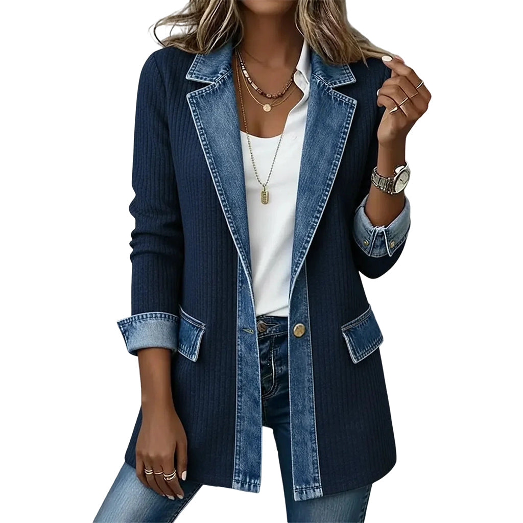 Ribbed Knit and Denim Patchwork Jacket