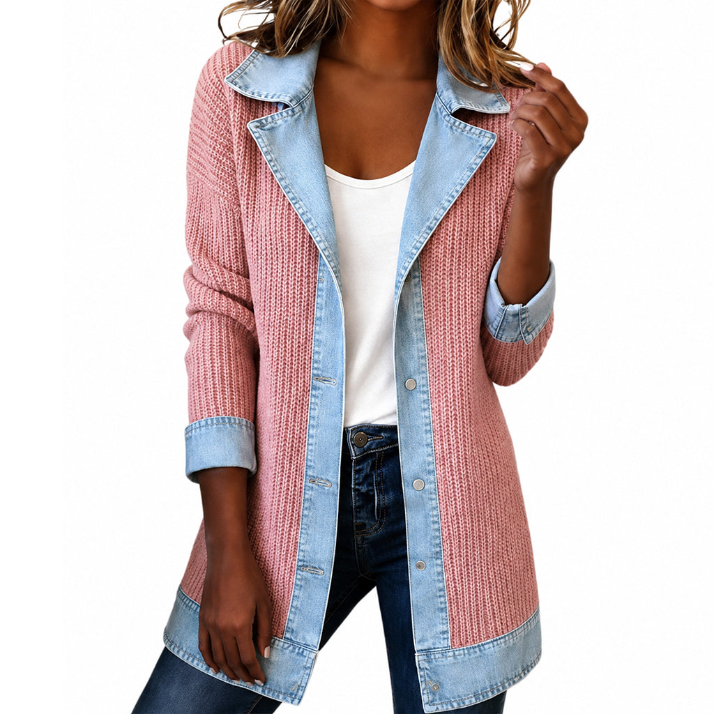 Ribbed Knit and Denim Patchwork Jacket